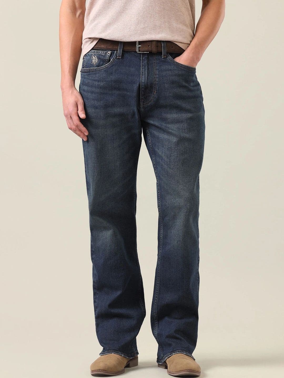 U.S. Polo Assn. Denim Co. Men Bootcut Mid-Rise Low Distress Light Fade Stretchable Jeans - view 1