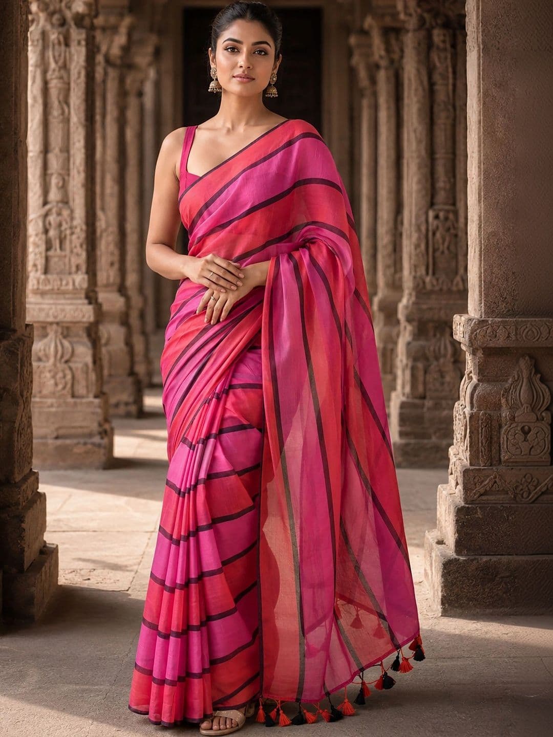 Anjaneya Sarees Linen Blend Designer Block Print Saree - view 1