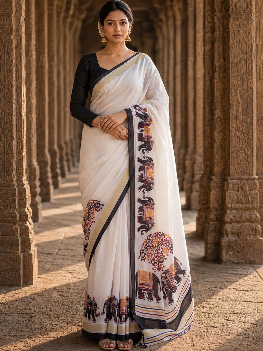 Anjaneya Sarees Linen Blend Designer Block Print Saree - view 1