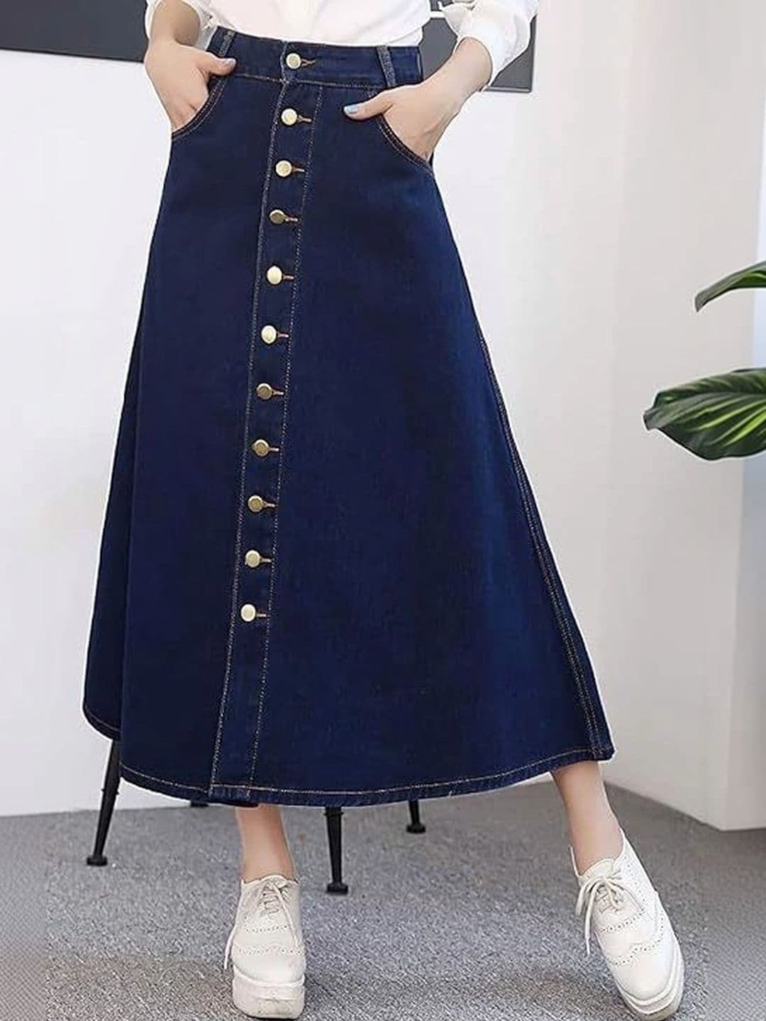Pink Clap Fashion Women Denim Midi A-Line Skirt - view 1