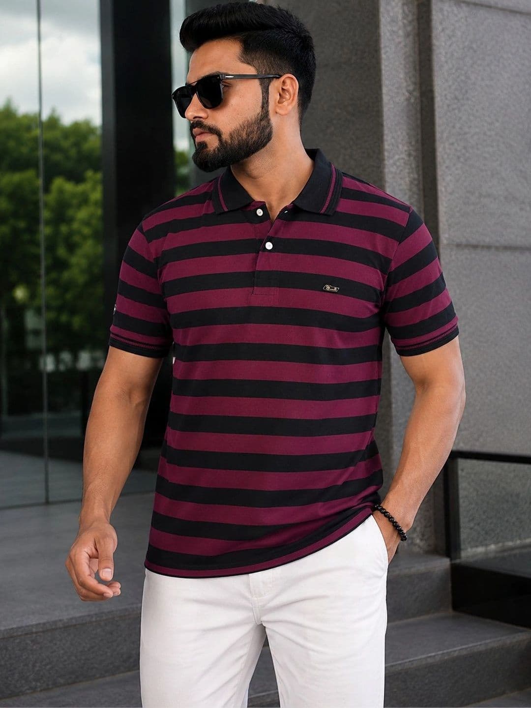 OZONECO Men Striped Polo Collar T-shirt - view 1