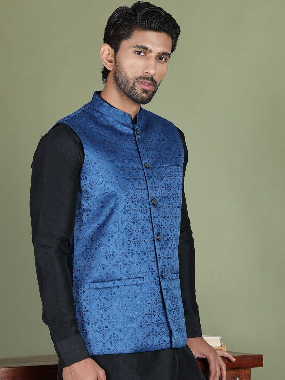 Anouk Men Woven Designed Mandarin Collar Nehru Jacket - view 1