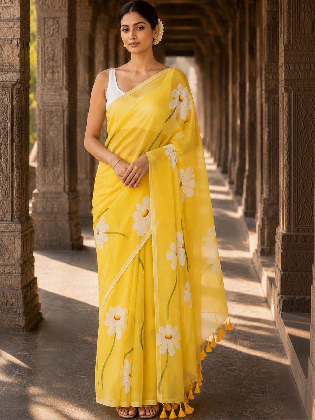 Anjaneya Sarees Linen Blend Designer Block Print Saree - view 1