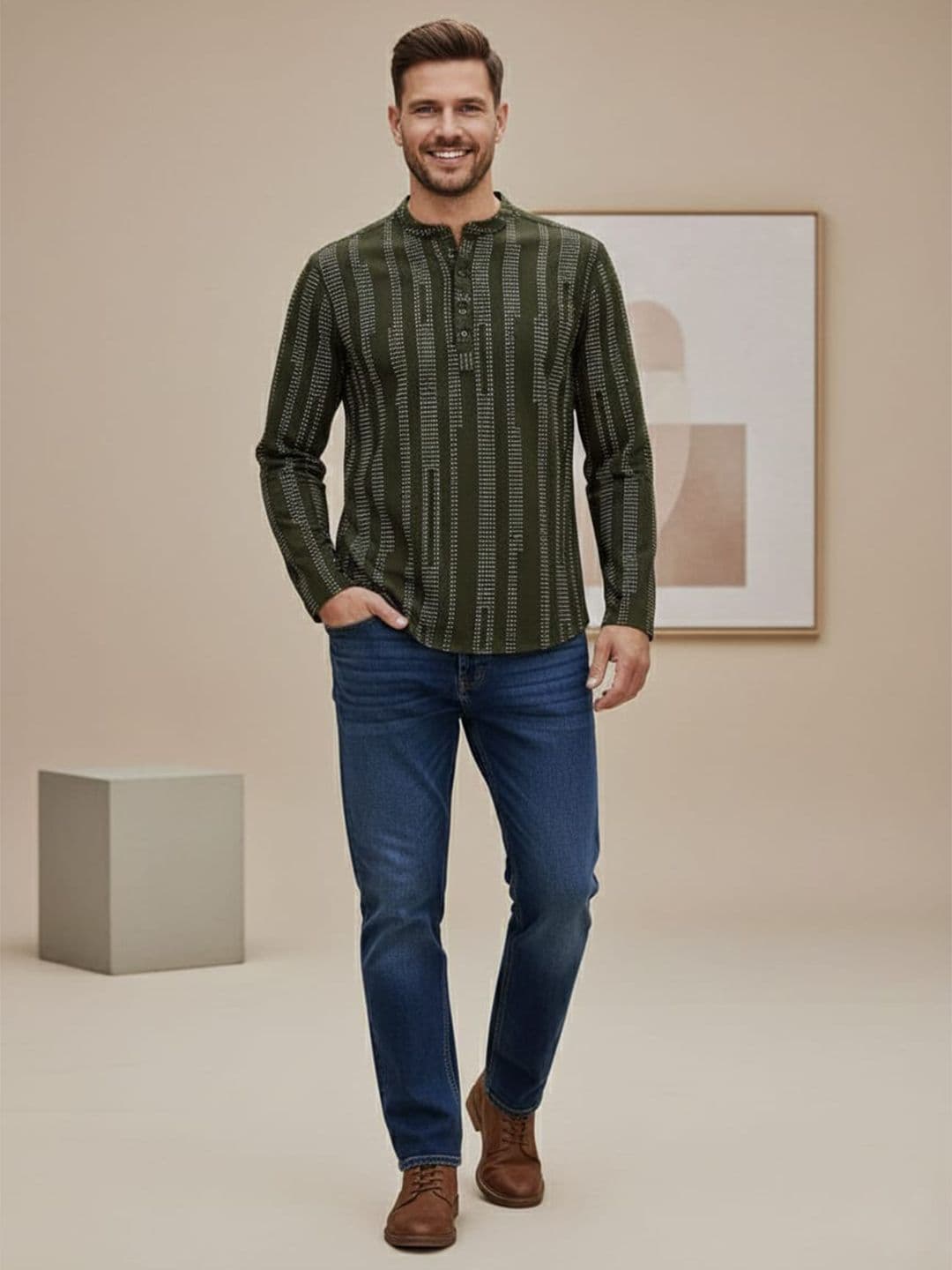Anouk Men Striped Mandarin Collar Thread Work Kurta - view 1