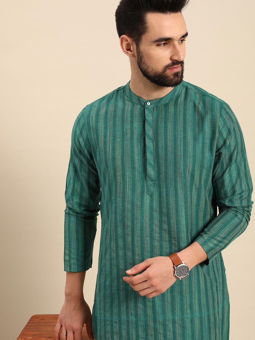 Anouk Men Teal Green Striped Kurta - view 1