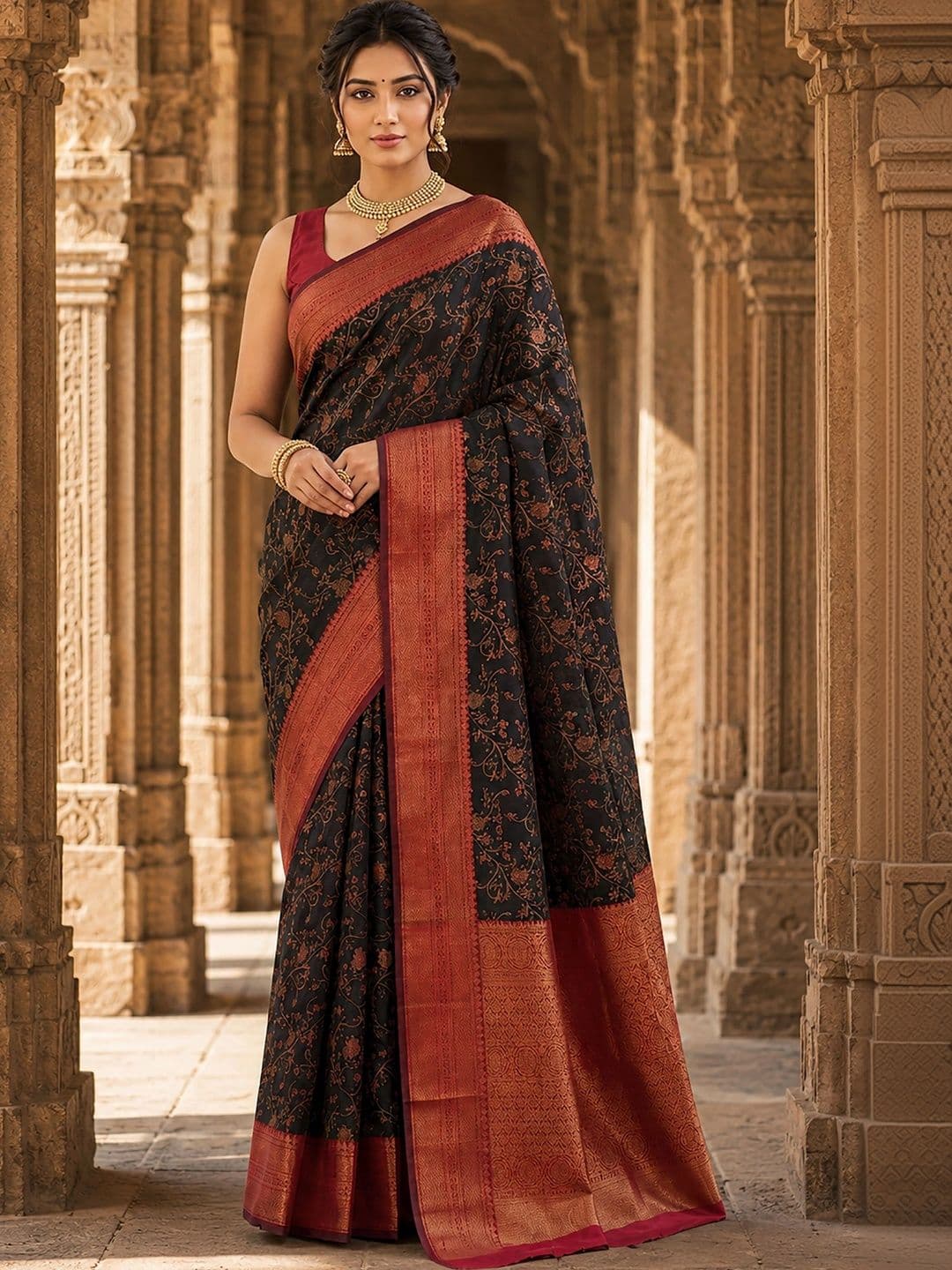 KALINI Floral Zari Silk Blend Designer Banarasi Saree - view 1