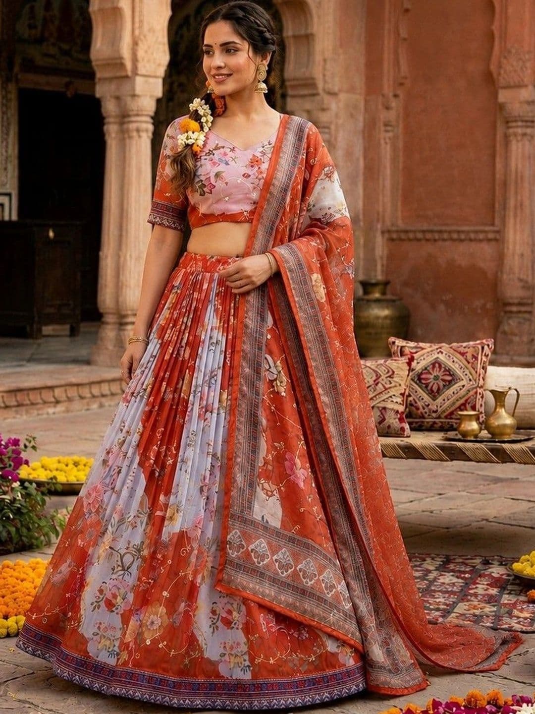 Livewear Printed Ready to Wear Lehenga & Unstitched Blouse With Dupatta - view 1