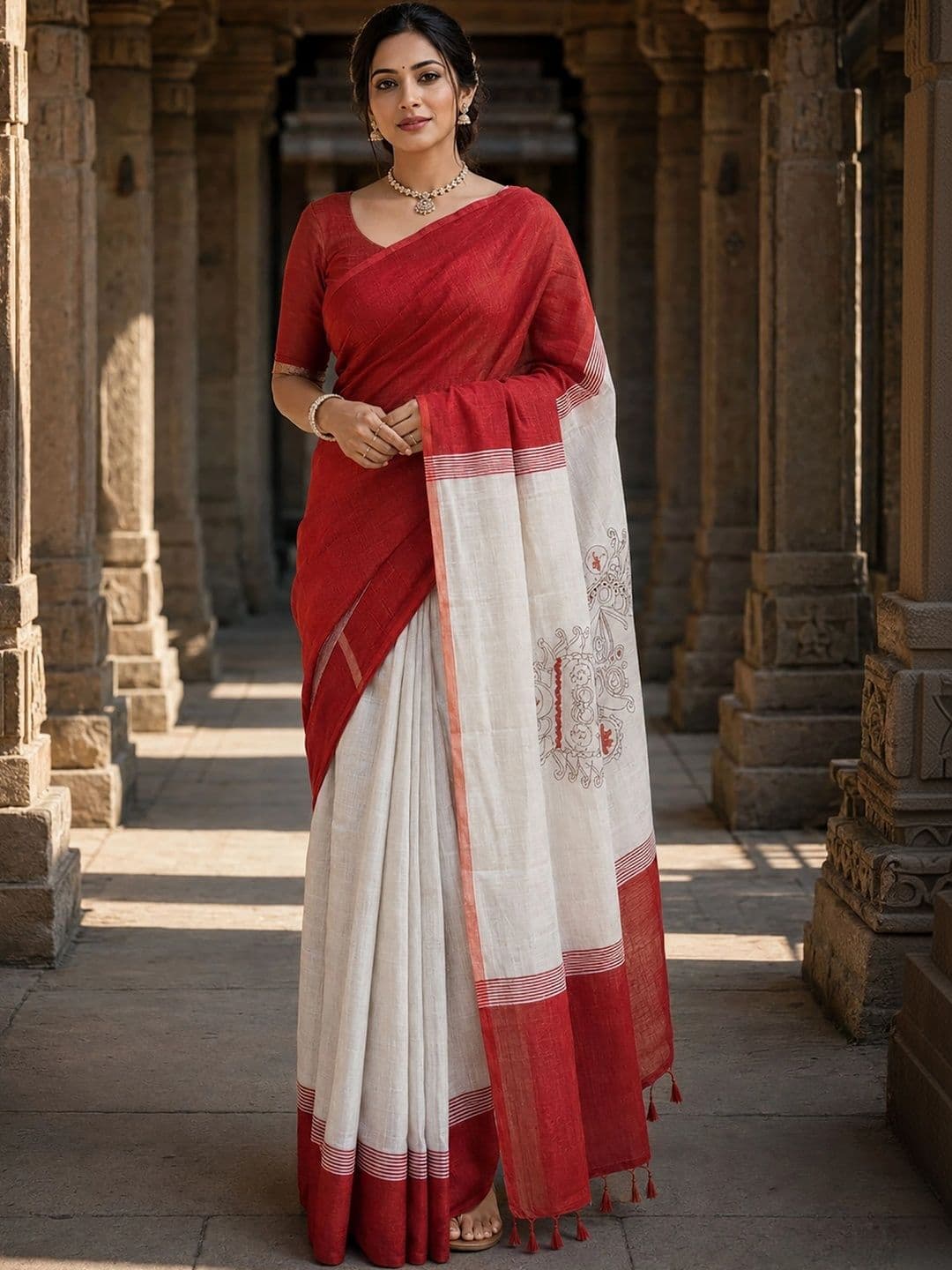 Moda Rapido Linen Blend Designer Block Print Saree - view 1