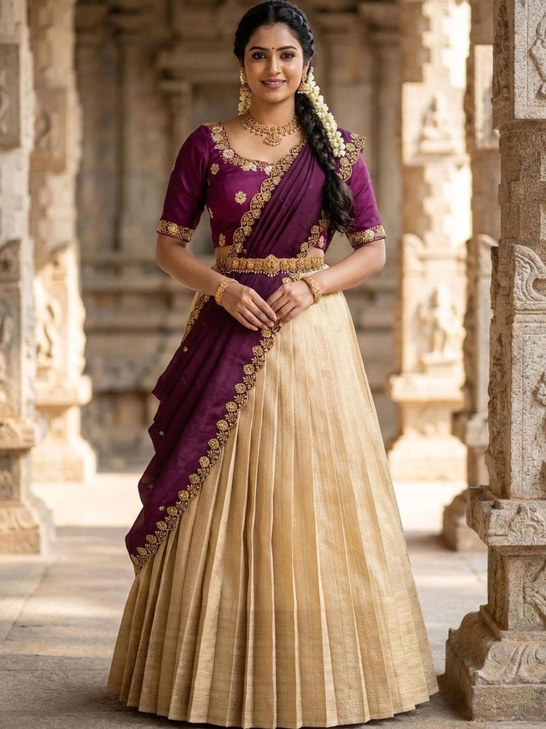 Pink Bindi Embroidered Semi-Stitched Lehenga & Unstitched Blouse With Dupatta - view 1