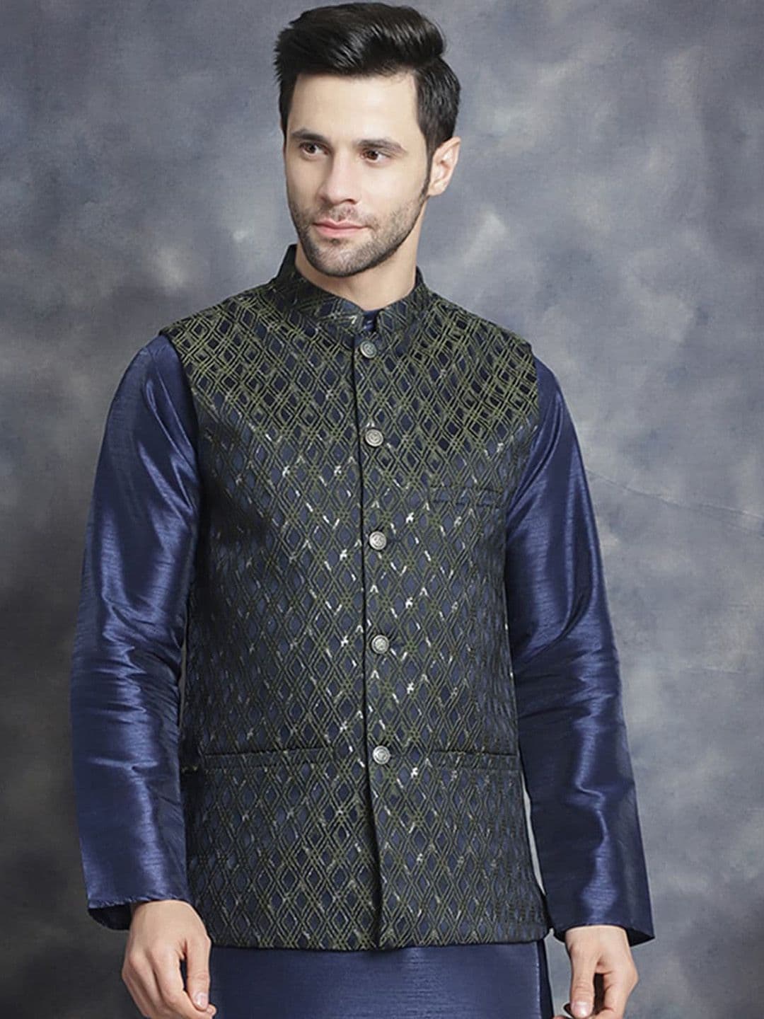 Anouk Green Geometric Embroidered Silk Cotton Nehru Jacket - view 1
