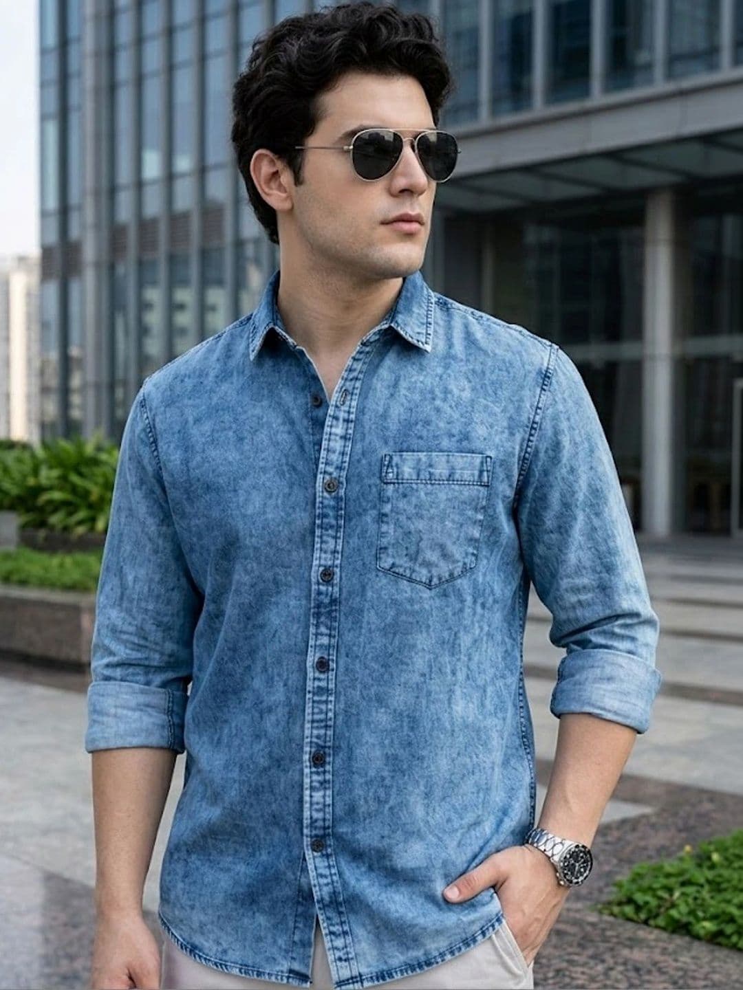 Urbano Fashion Men's Light Blue Regular Fit Full Sleeve Washed Denim Shirt - view 1