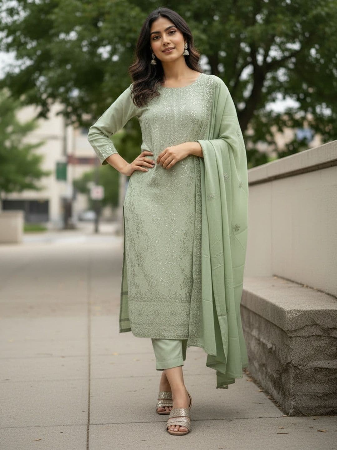 Anouk Women Ethnic Motifs Embroidered Regular Sequinned Kurta with Trousers & With Dupatta - view 1