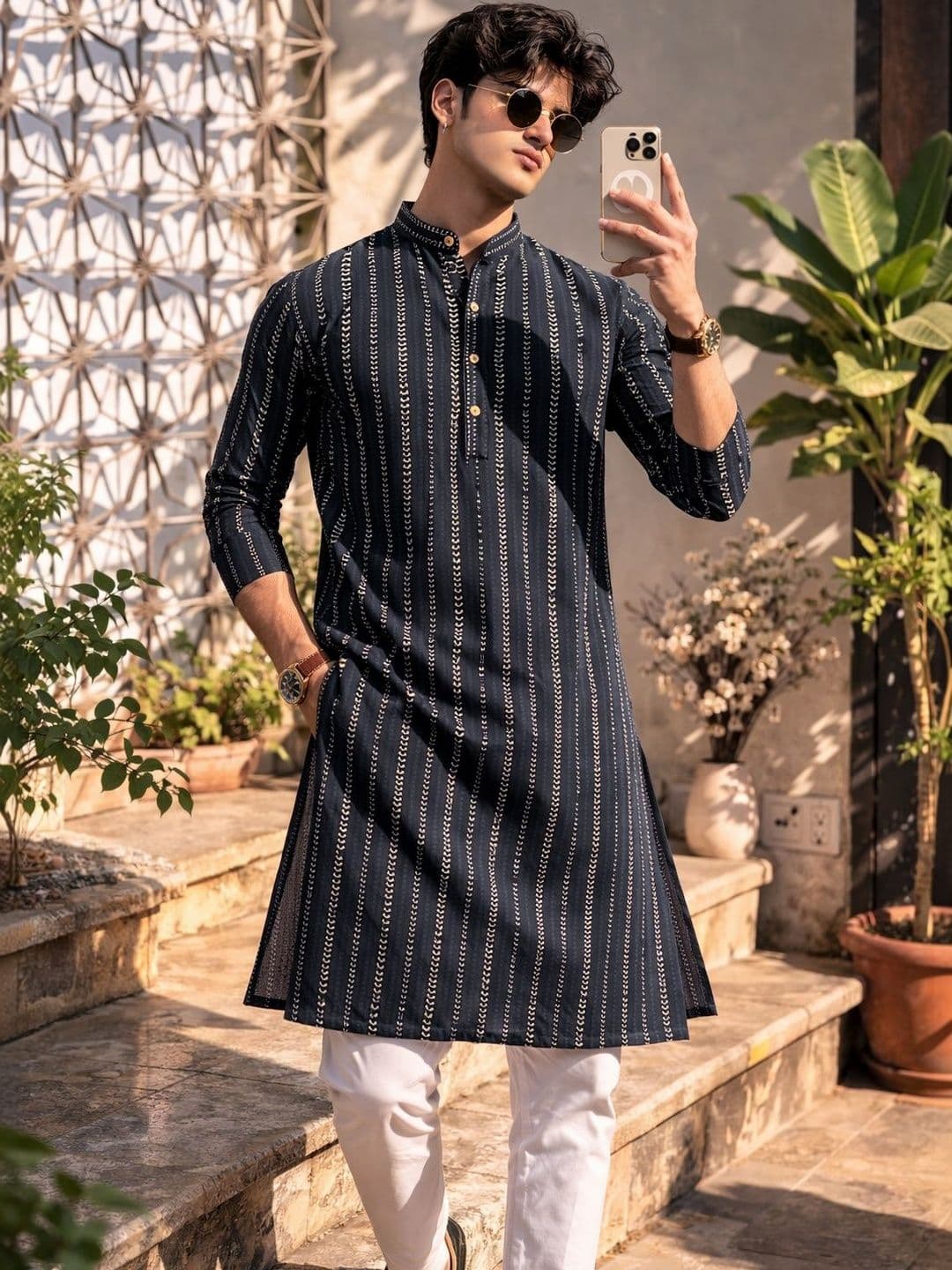 Anouk Pure Cotton Self Stripe Knee Length Kurta - view 1