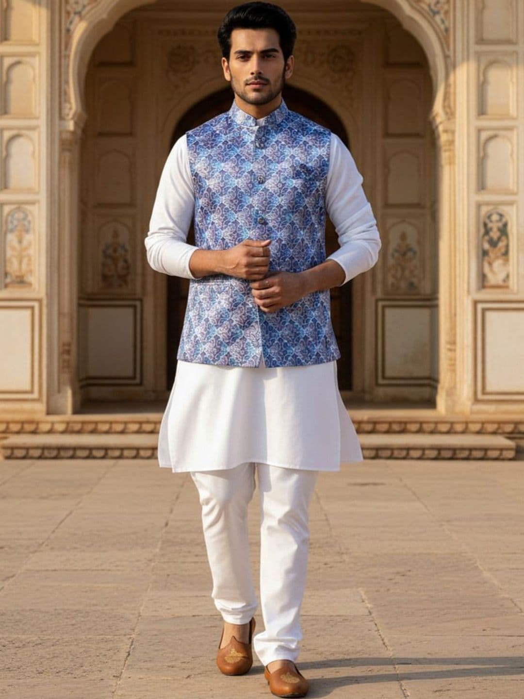 Anouk Blue & White Printed Nehru Jackets - view 1