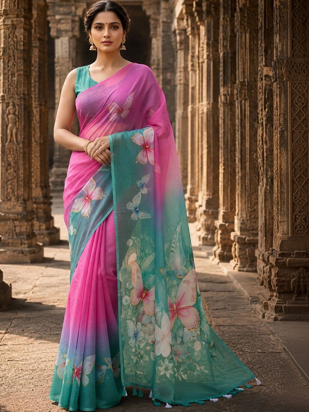 AMRUTKALA SAREES Floral Linen Blend Designer Block Print Saree - view 1