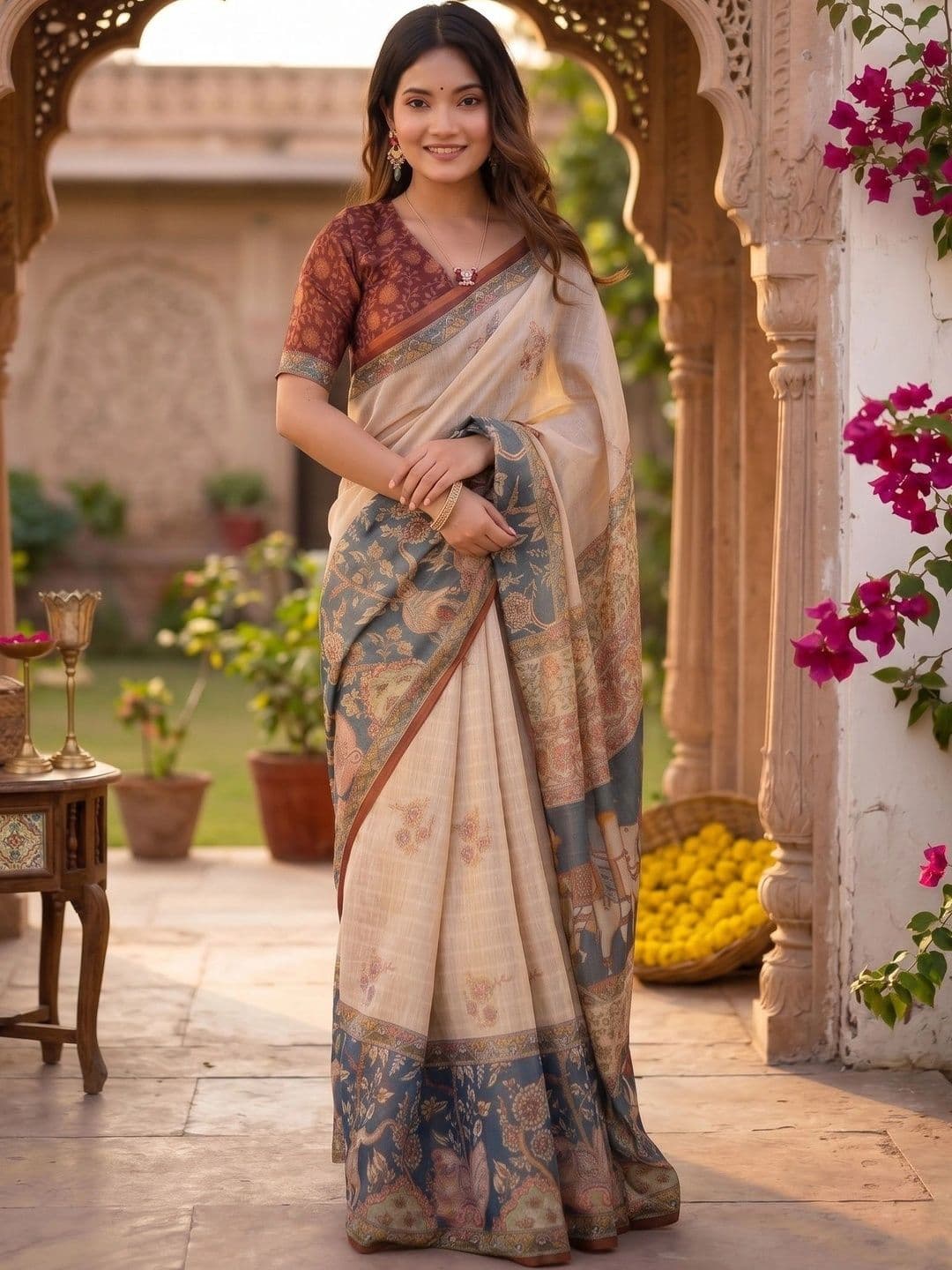 AJ FASHION PLUS Kalamkari Zari Pure Linen Designer Saree - view 1