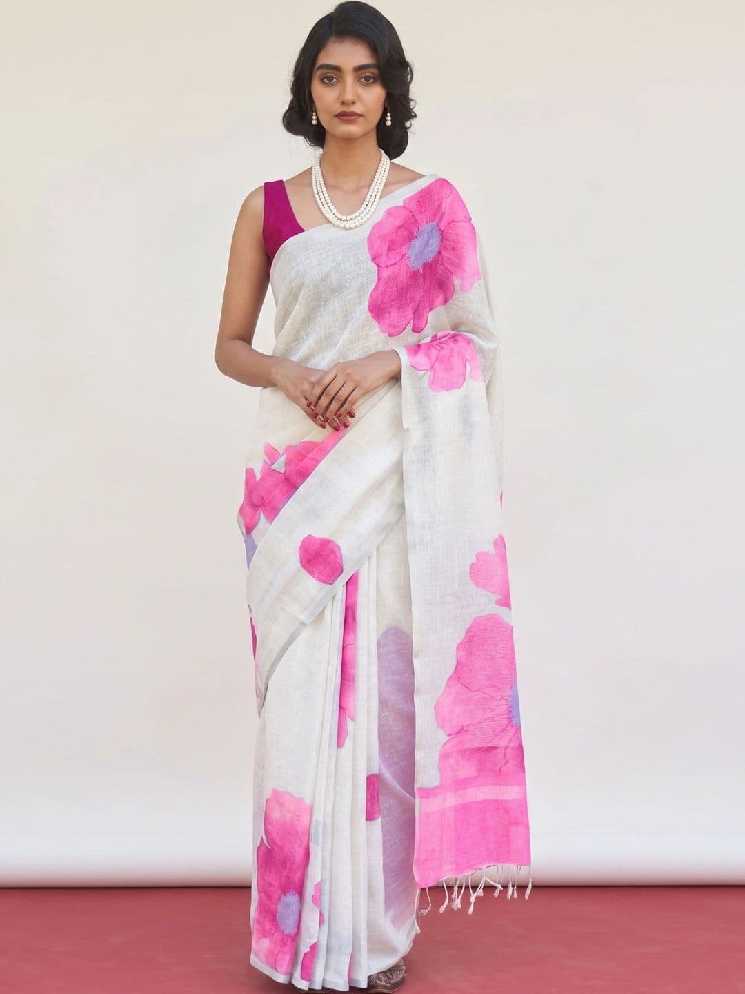 THE AQUARIUS Floral Zari Pure Linen Designer Saree - view 1