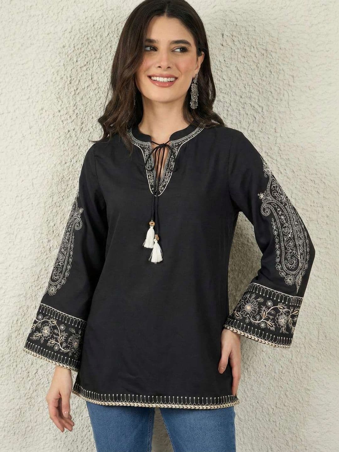 Anouk Ethnic Motifs Embroidered Flared Sleeves Thread Work Chanderi Silk Thread Work Kurti - view 1