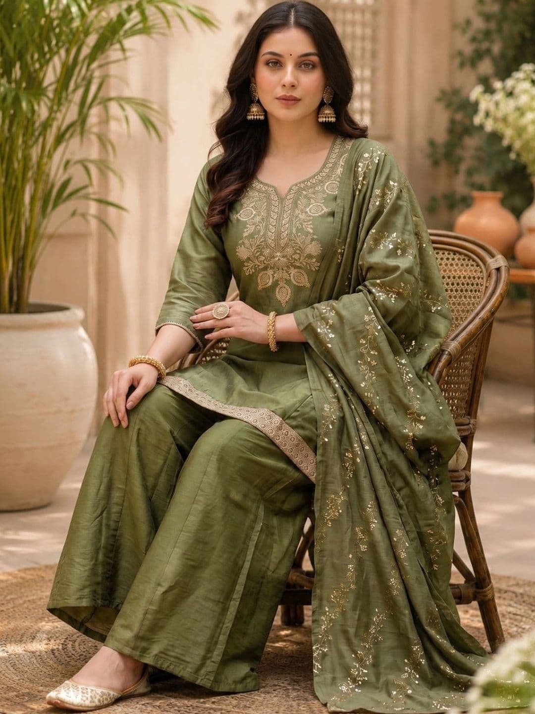 Sangria Women Ethnic Motifs Embroidered Regular Sequinned Kurta with Palazzos & With Dupatta - view 1
