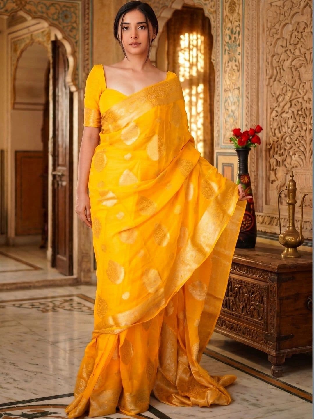 clotheva Woven Design Zari Art Silk Banarasi Saree - view 1