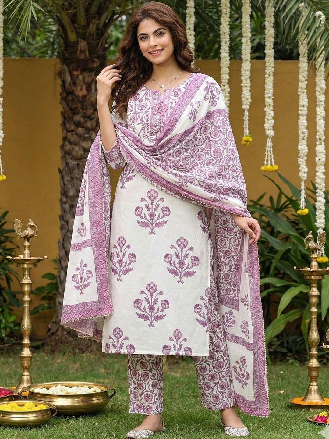 Anouk Women Ethnic Motifs Printed Regular Mirror Work Pure Cotton Kurta with Trousers & With Dupatta - view 1