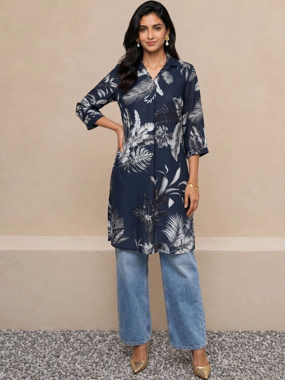 Sangria Women Navy Cotton Floral Printed Shirt Collar Knee Length Kurta - view 1