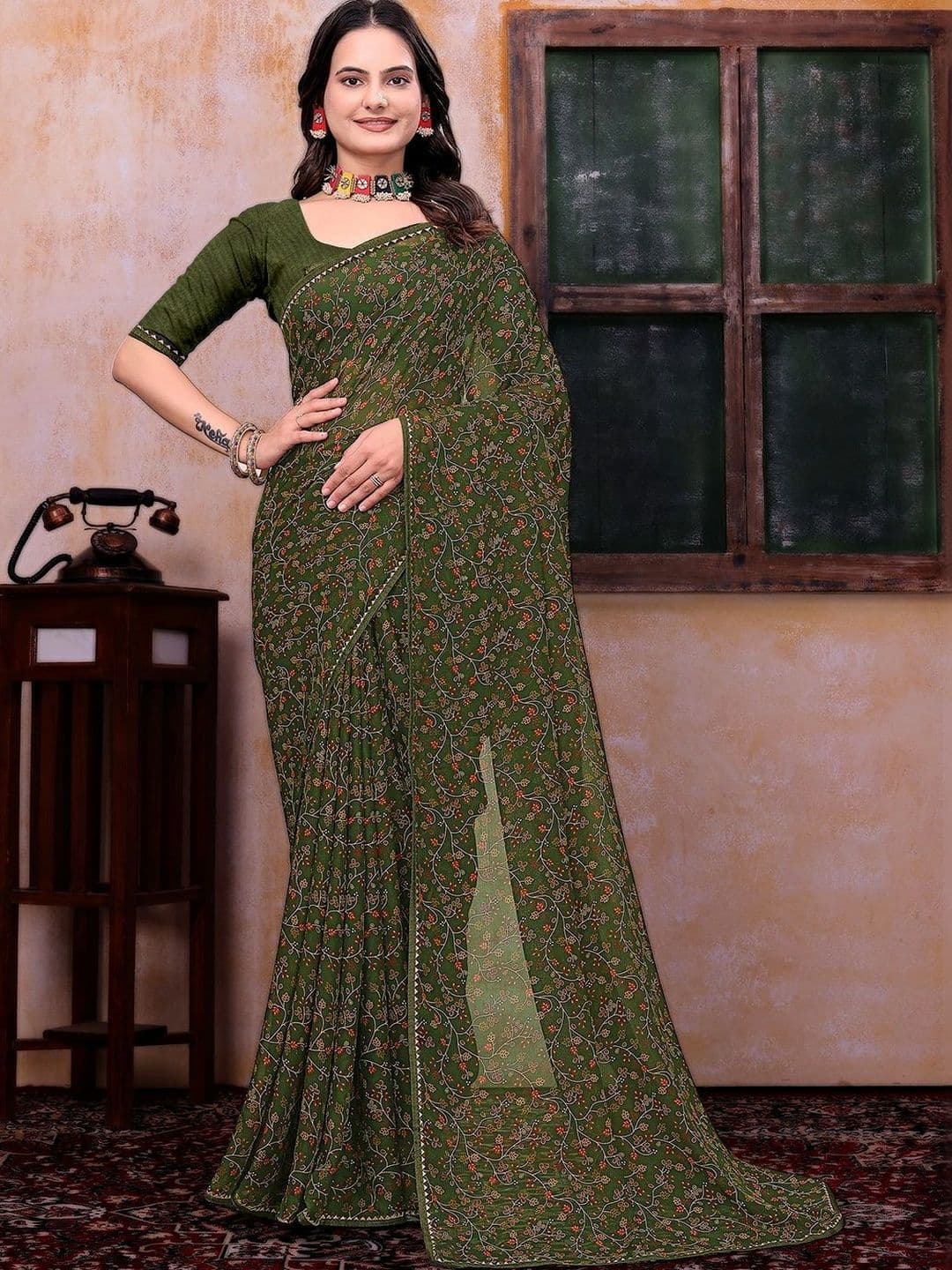 KANURIKAA Floral Poly Georgette Bandhani Saree - view 1
