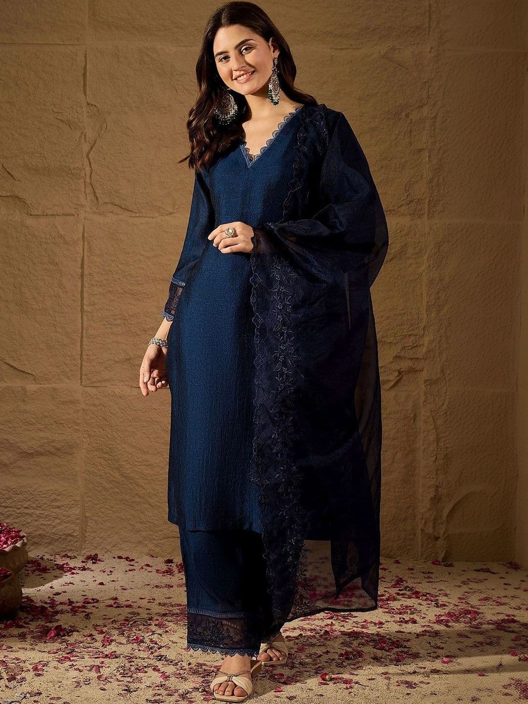 SACi Women Regular Chikankari Chanderi Silk Kurta with Palazzos & With Dupatta - view 1