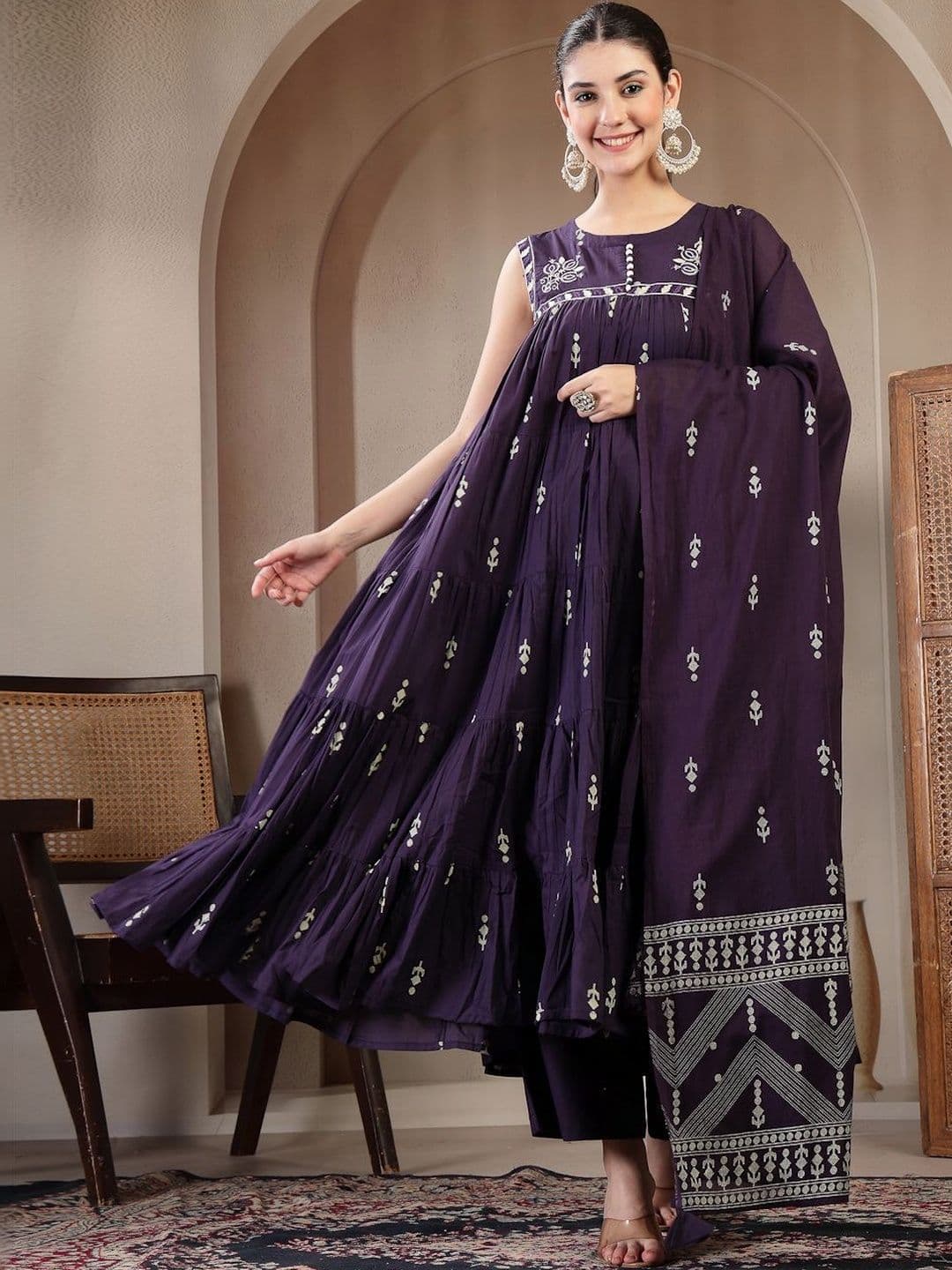 Anouk Women Ethnic Motifs Printed Tiered Pure Cotton Kurta with Trousers & With Dupatta - view 1