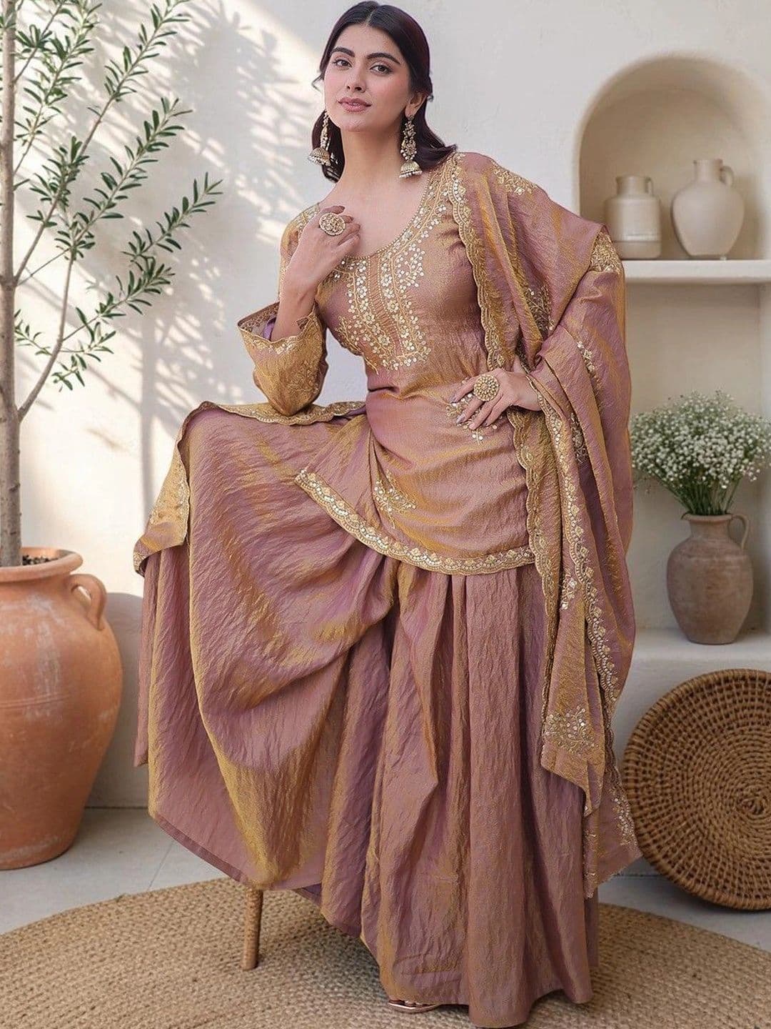 Sangria Women Ethnic Motifs Embroidered Regular Kurta with Sharara & With Dupatta - view 1