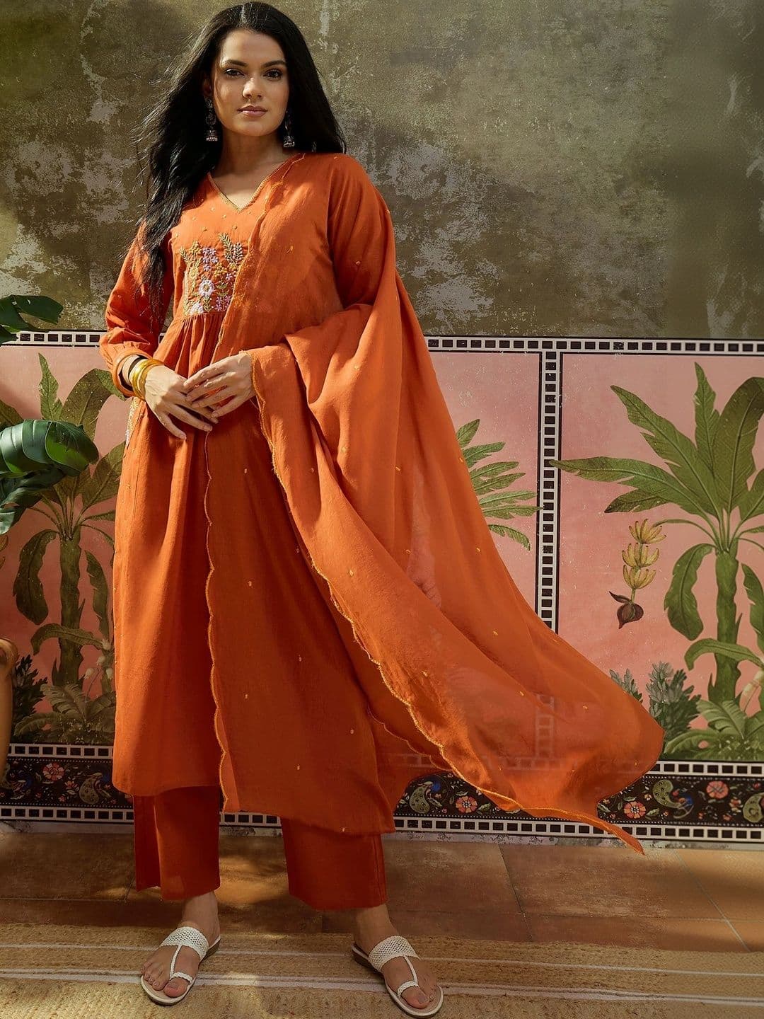 Sangria Women Ethnic Motifs Embroidered Empire Thread Work Pure Cotton Kurta with Trousers & With Dupatta - view 1