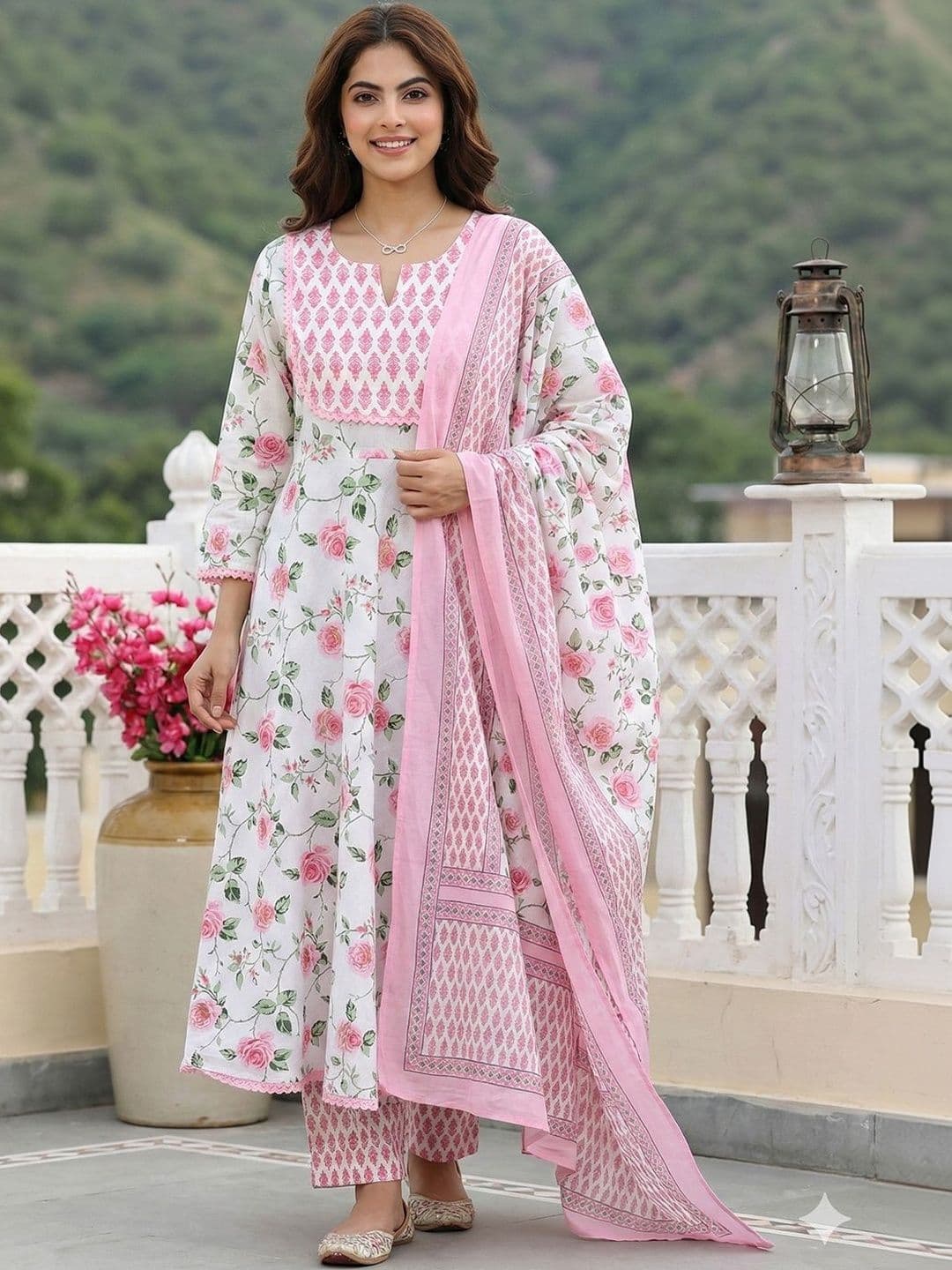 Anouk Women Floral Printed Panelled Pure Cotton Kurta with Trousers & With Dupatta - view 1