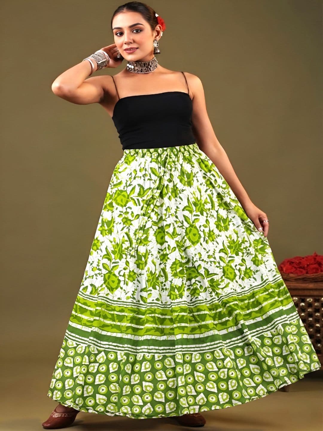 Namokar Women Cotton Cambric Floral Maxi Flared Skirt - view 1
