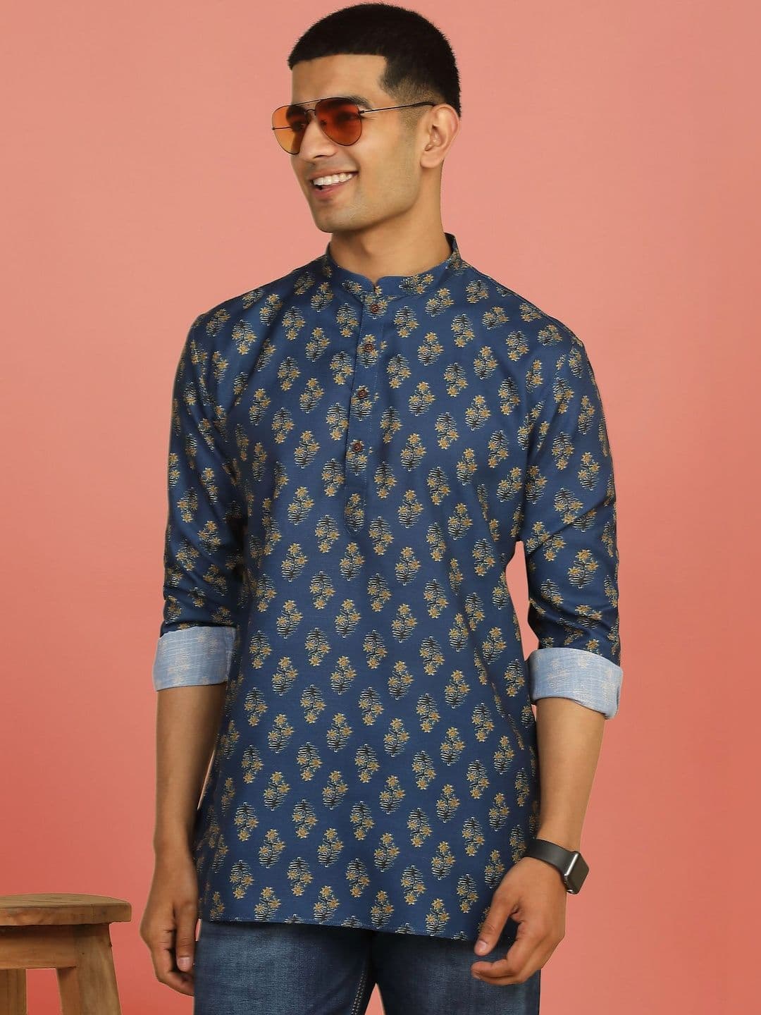 Anouk Mirage Indigo Blue Printed Roll-Up Sleeve Short Kurta - view 1