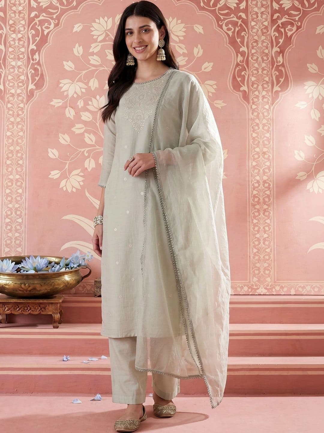 NAVYAAZRI Women Ethnic Motifs Embroidered Regular Kurta with Trousers & With Dupatta - view 1
