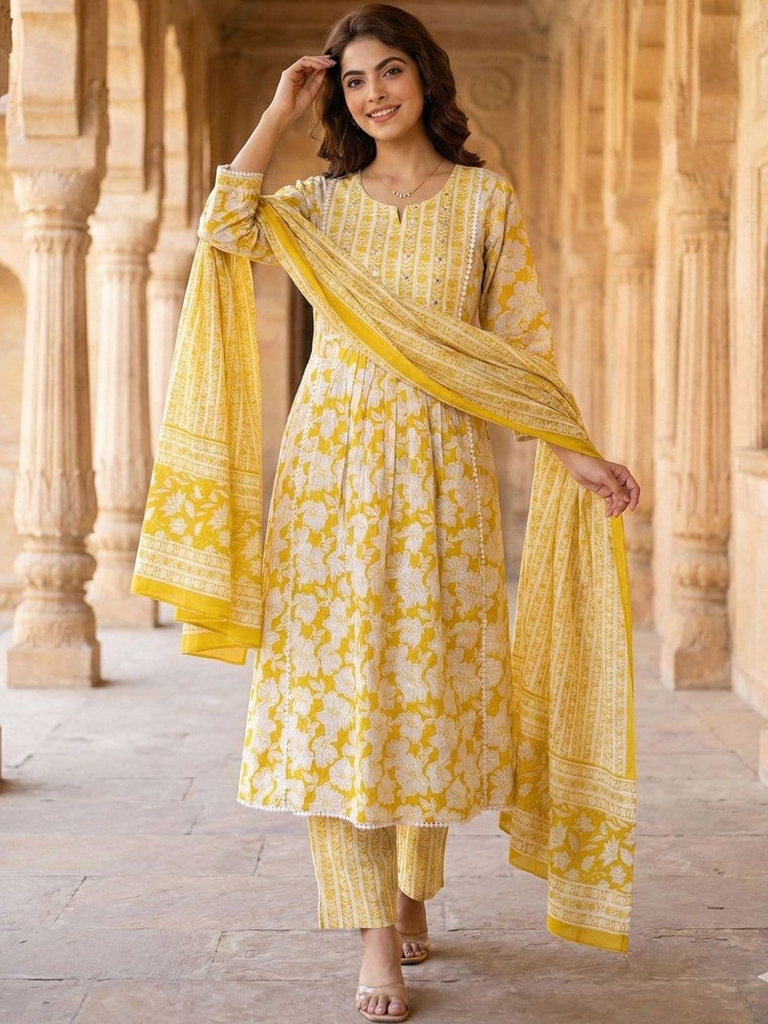 Anouk Women Floral Printed Panelled Pure Cotton Kurta with Trousers & With Dupatta - view 1