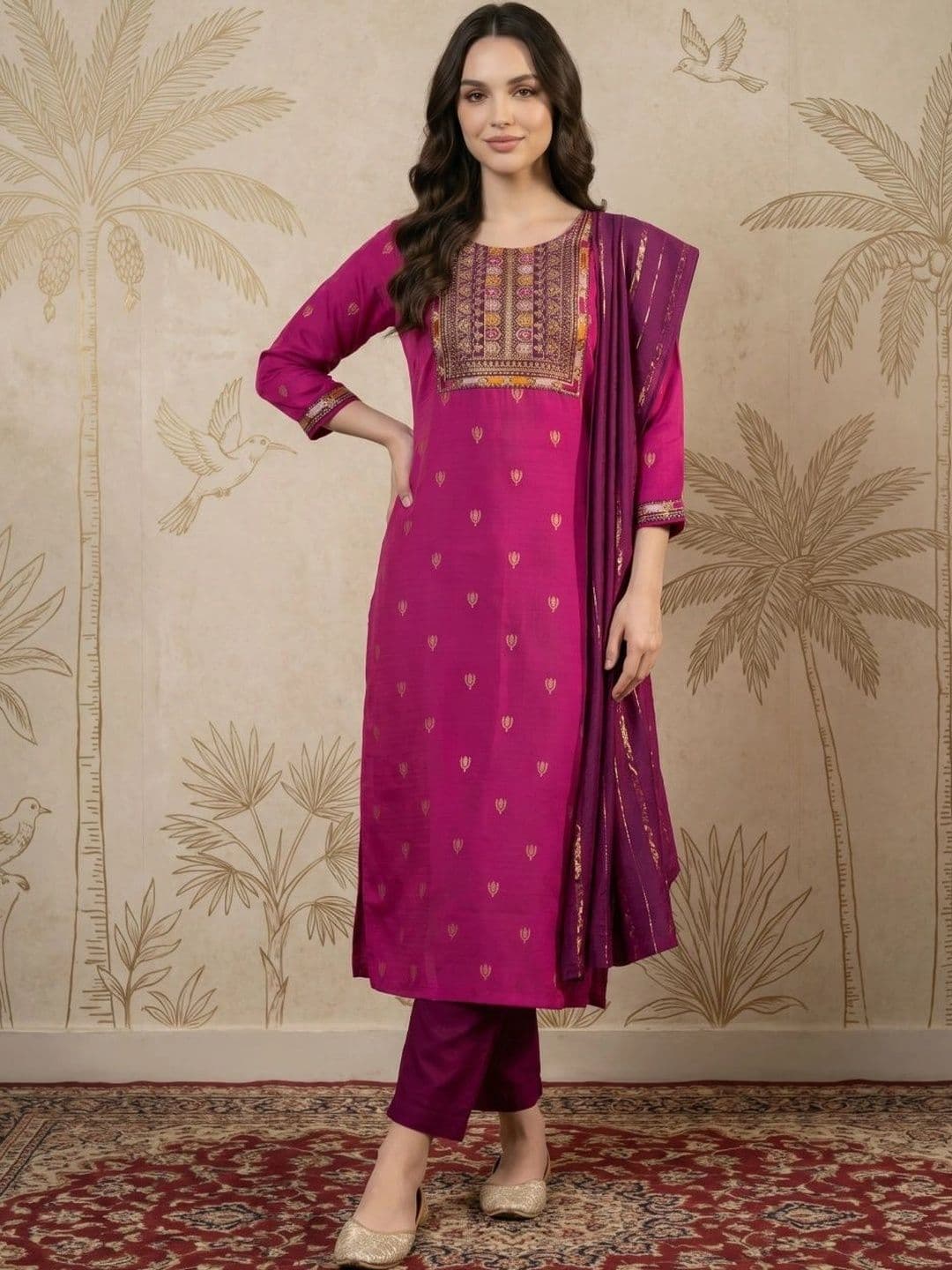 Sangria Women Ethnic Motifs Embroidered Regular Thread Work Kurta with Trousers & With Dupatta - view 1