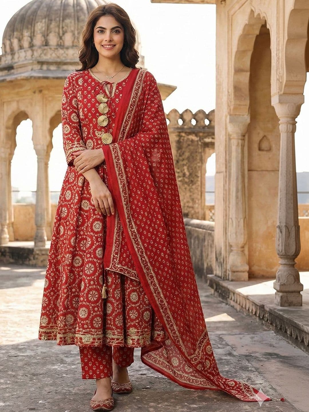 Anouk Women Ethnic Motifs Printed Panelled Gotta Patti Pure Cotton Kurta with Trousers & With Dupatta - view 1