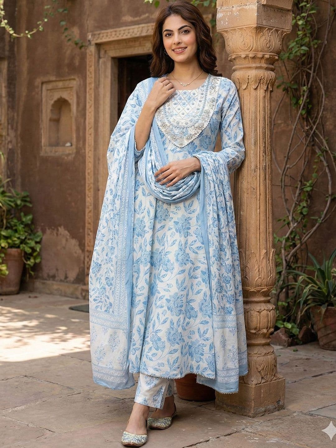 Anouk Women Floral Printed Panelled Thread Work Pure Cotton Kurta with Trousers & With Dupatta - view 1