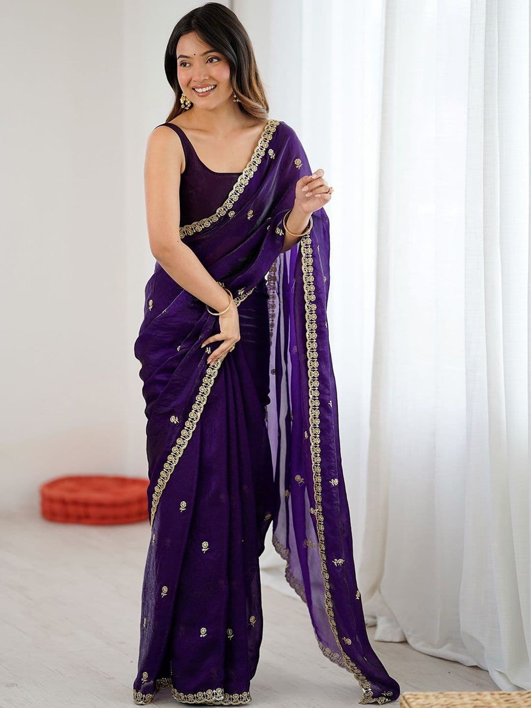 Anouk Purple Satin Ethnic Embellished Festive Wear Matching Blouse Sarees - view 1