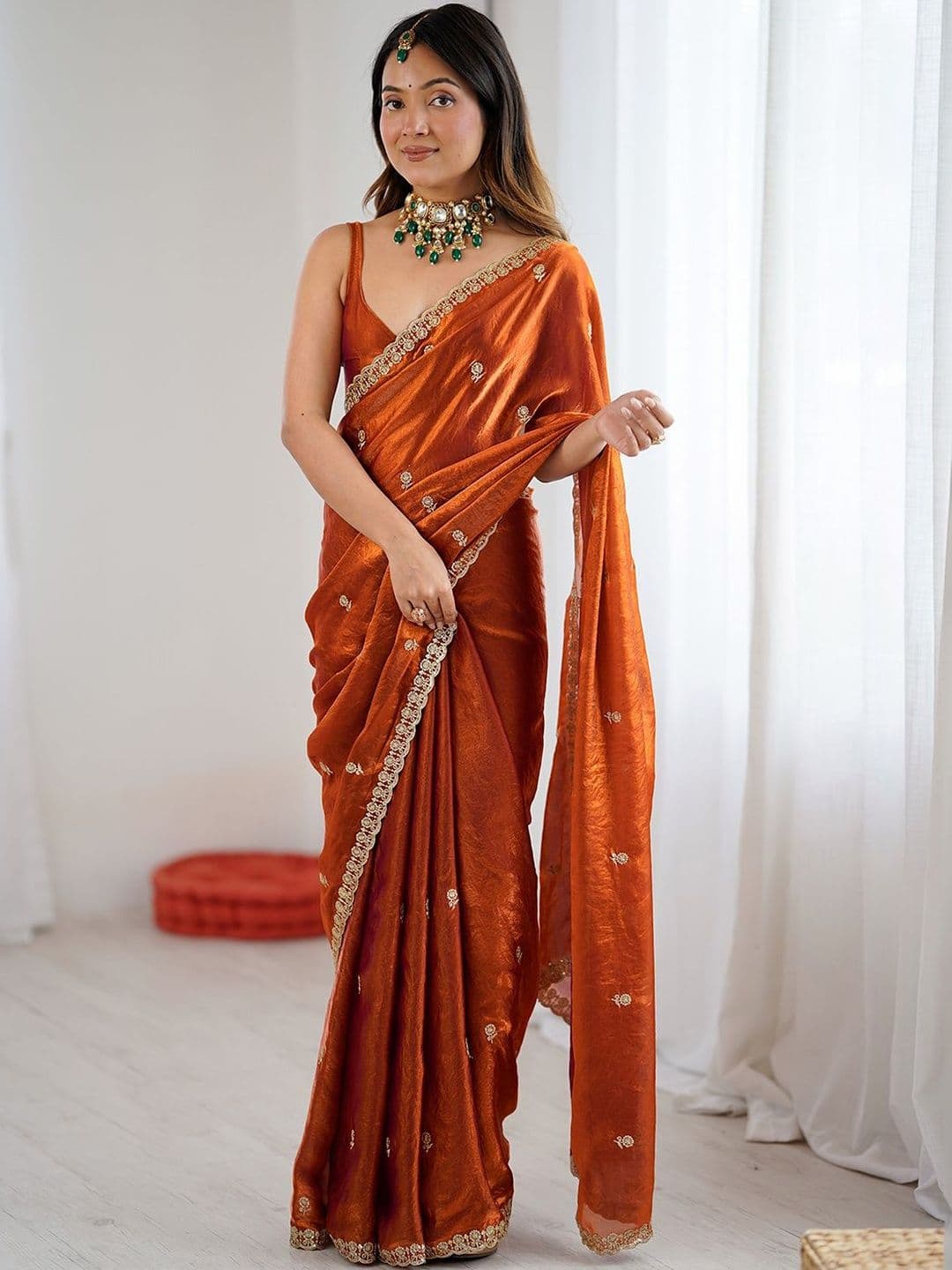 Anouk Orange Satin Ethnic Embellished Festive Wear Matching Blouse Sarees - view 1