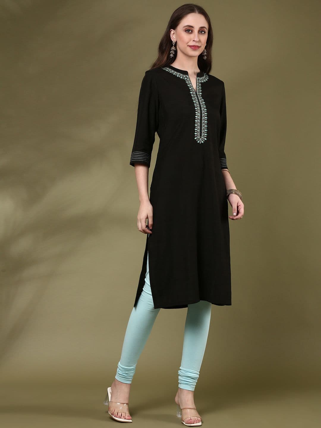 Anouk Floral Yoke Design Mandarin Collar Straight Kurta - view 1