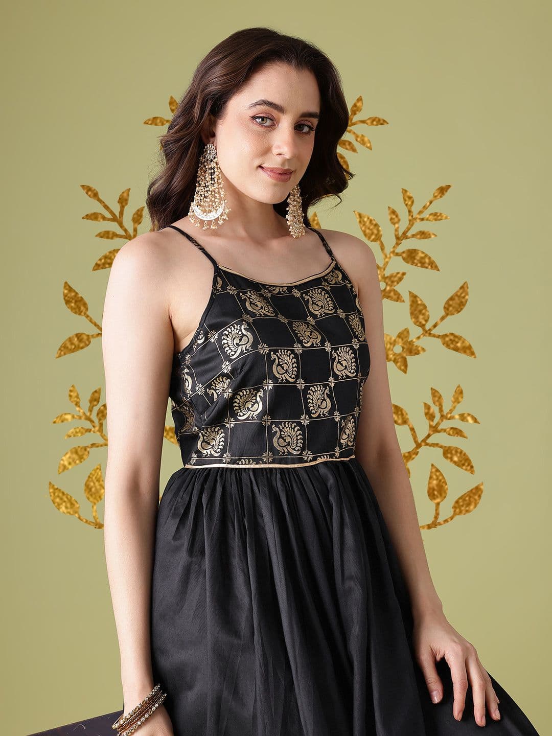 Anouk Foil Print Gathered Detail Flared Ethnic Dress - view 1