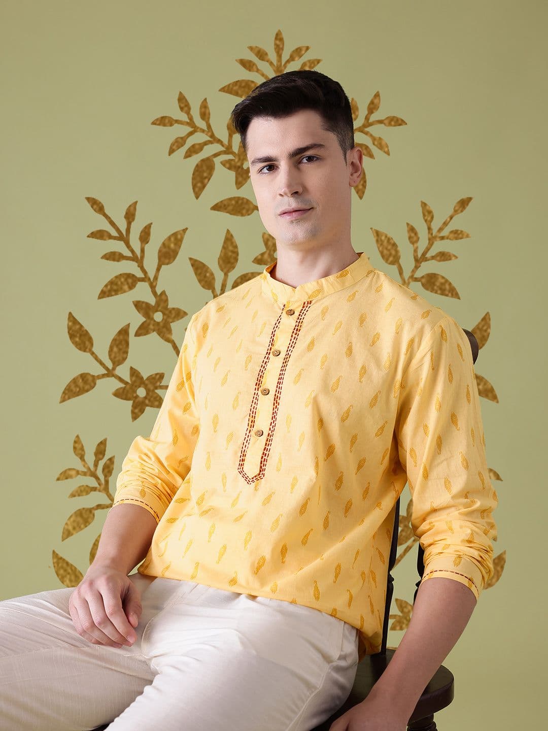 Anouk Ethnic Motifs Printed Thread Work Detail Pure Cotton Straight Kurta - view 1