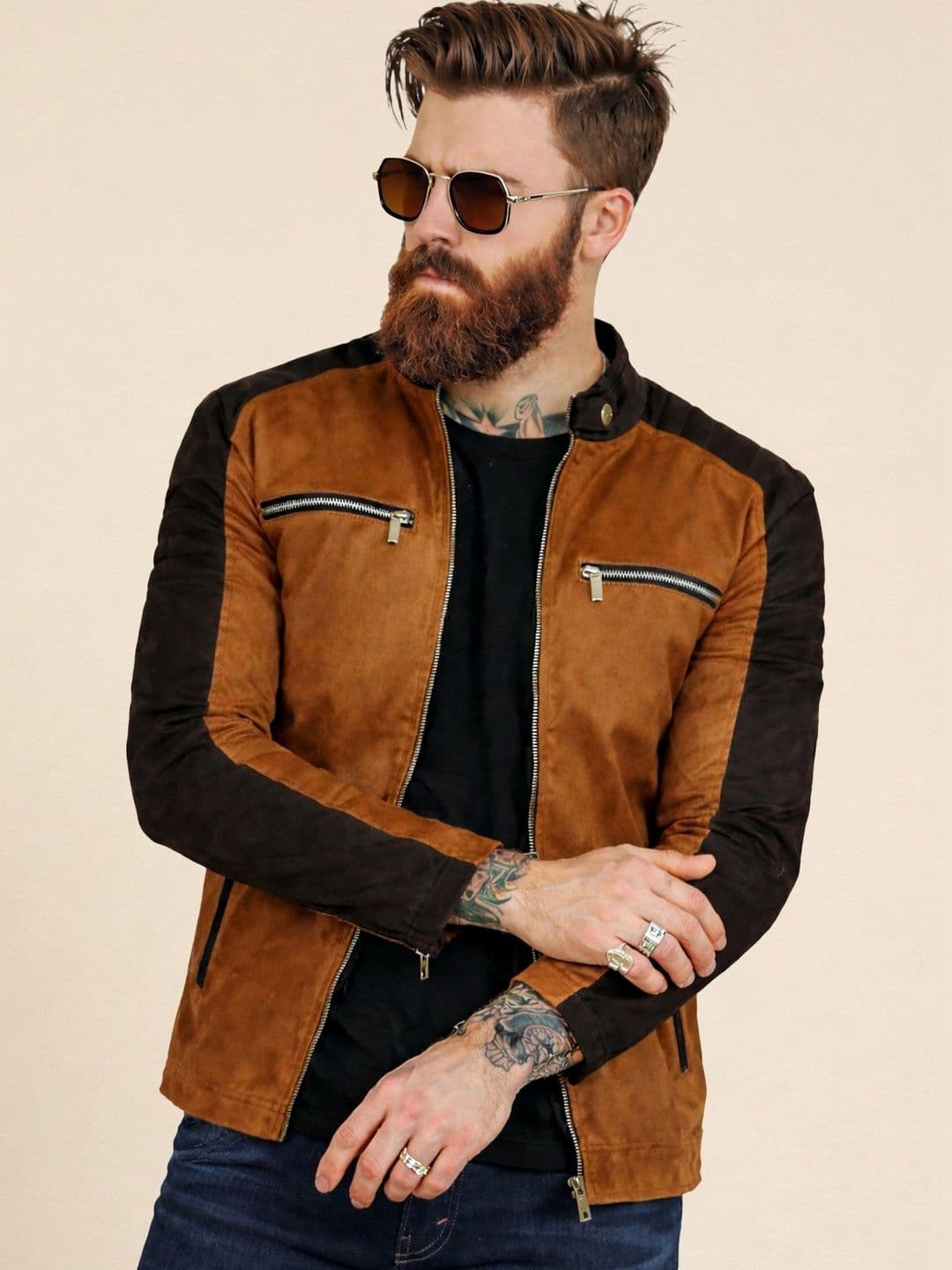 Leather Retail Men Colourblocked Suede Outdoor Biker Jacket - view 1