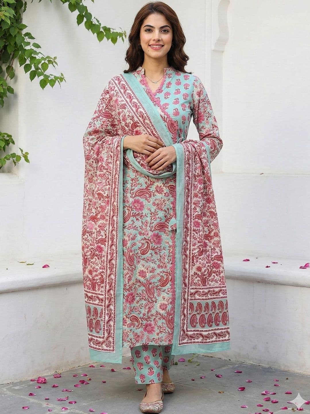 Anouk Women Floral Printed Angrakha Pure Cotton Kurta with Trousers & With Dupatta - view 1