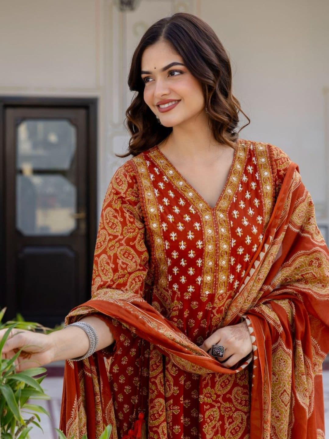 Anouk Women Ethnic Motifs Printed Empire Sequinned Pure Cotton Kurta with Trousers & With Dupatta - view 1