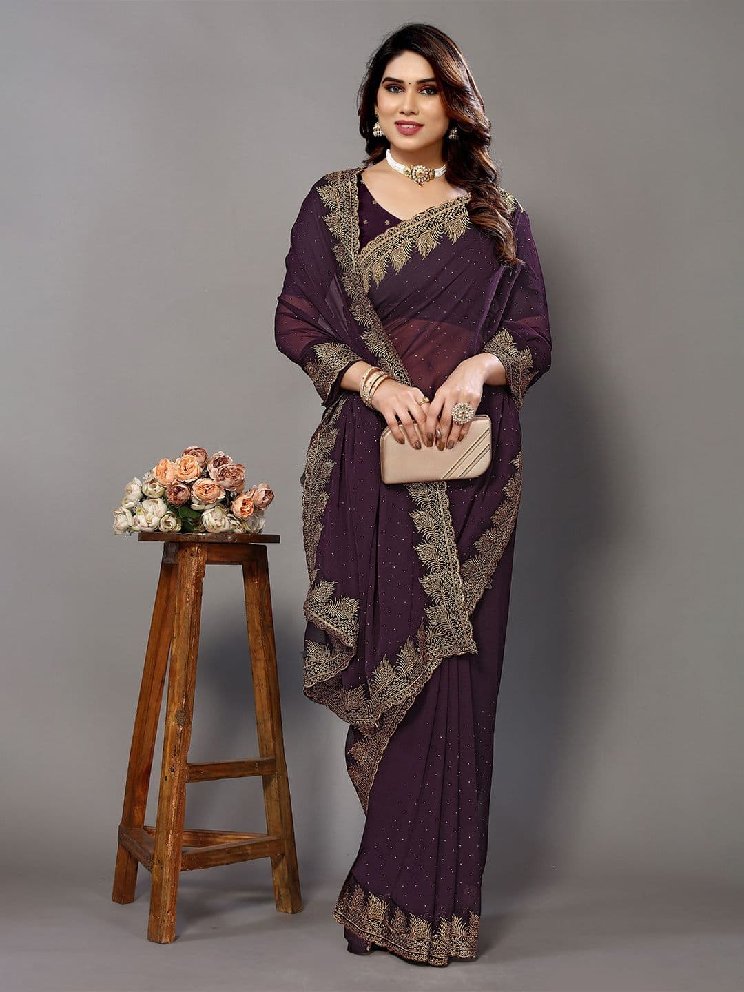 Anouk Ethnic Motifs Embroidered Pure Georgette Heavy Work Saree - view 1