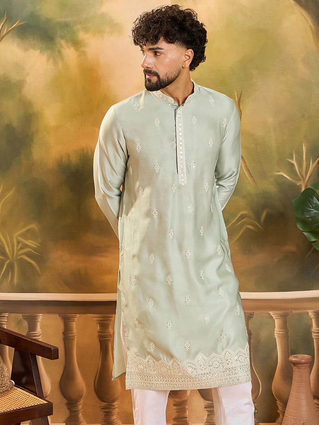 Anouk Floral Embroidered Mandarin Collar Straight Sequins Work Kurta - view 1