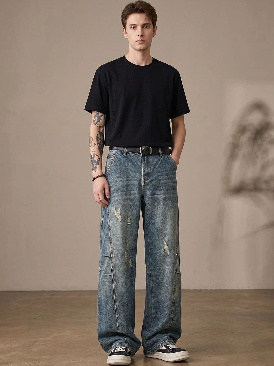 StyleCast x Revolte Men Wide Leg Mid-Rise Highly Distressed Heavy Fade Jeans - view 1
